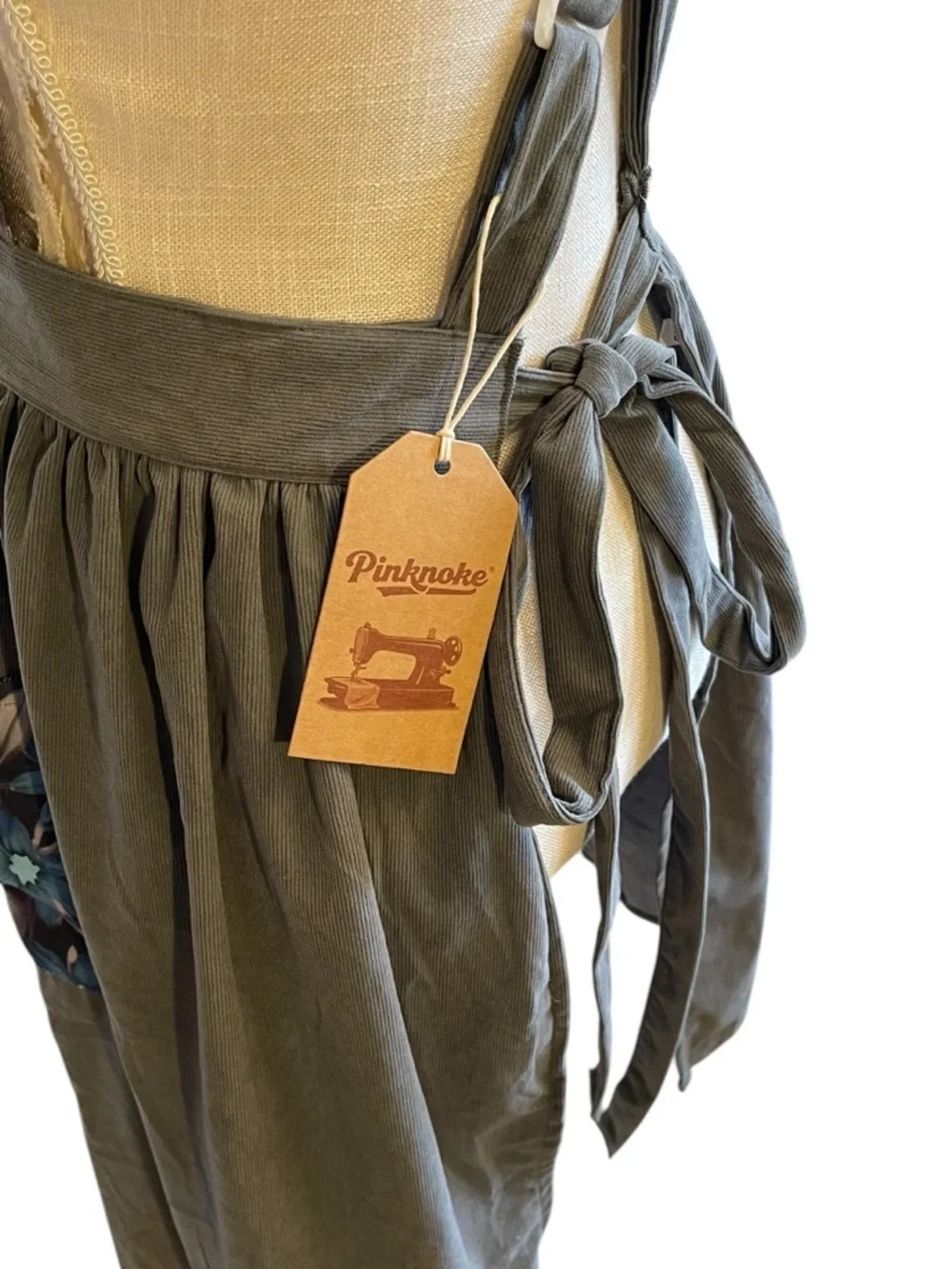 Grey Corduroy Apron with Blue Floral Panels and Pockets